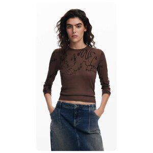 * Desigual Brown Long Sleeve T-Shirt w/ Letters sz XL